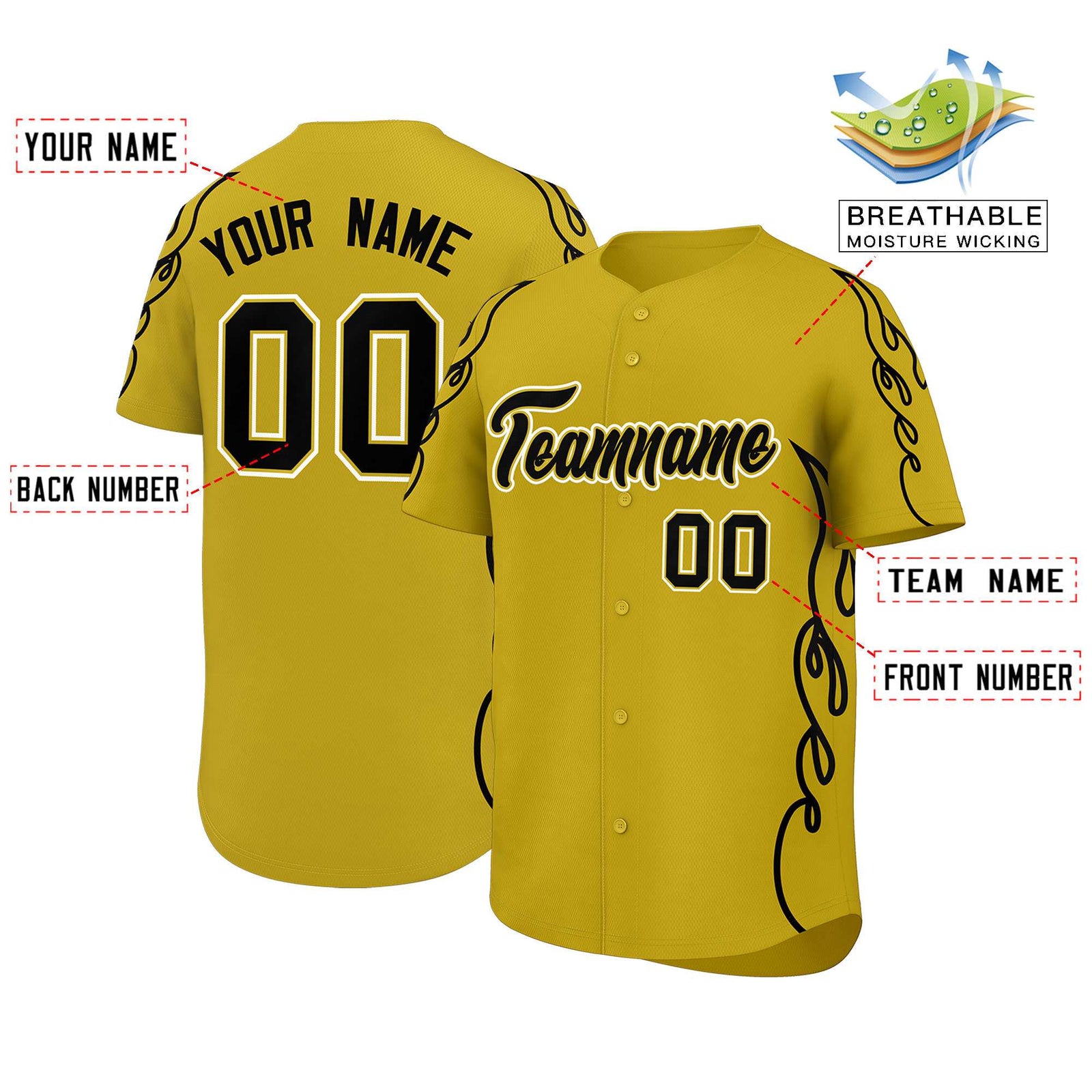 Custom Old Gold Black Side Flame Outline Pattern Sports Uniform Basetball Jersey