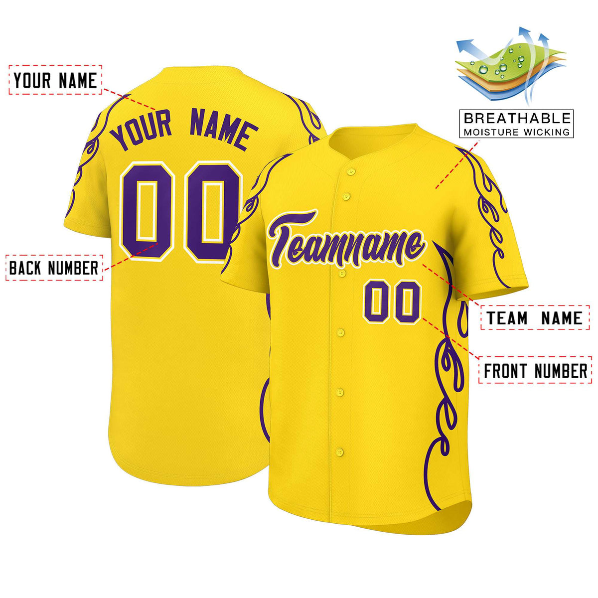 Custom Gold Purple Side Flame Outline Pattern Sports Uniform Basetball Jersey