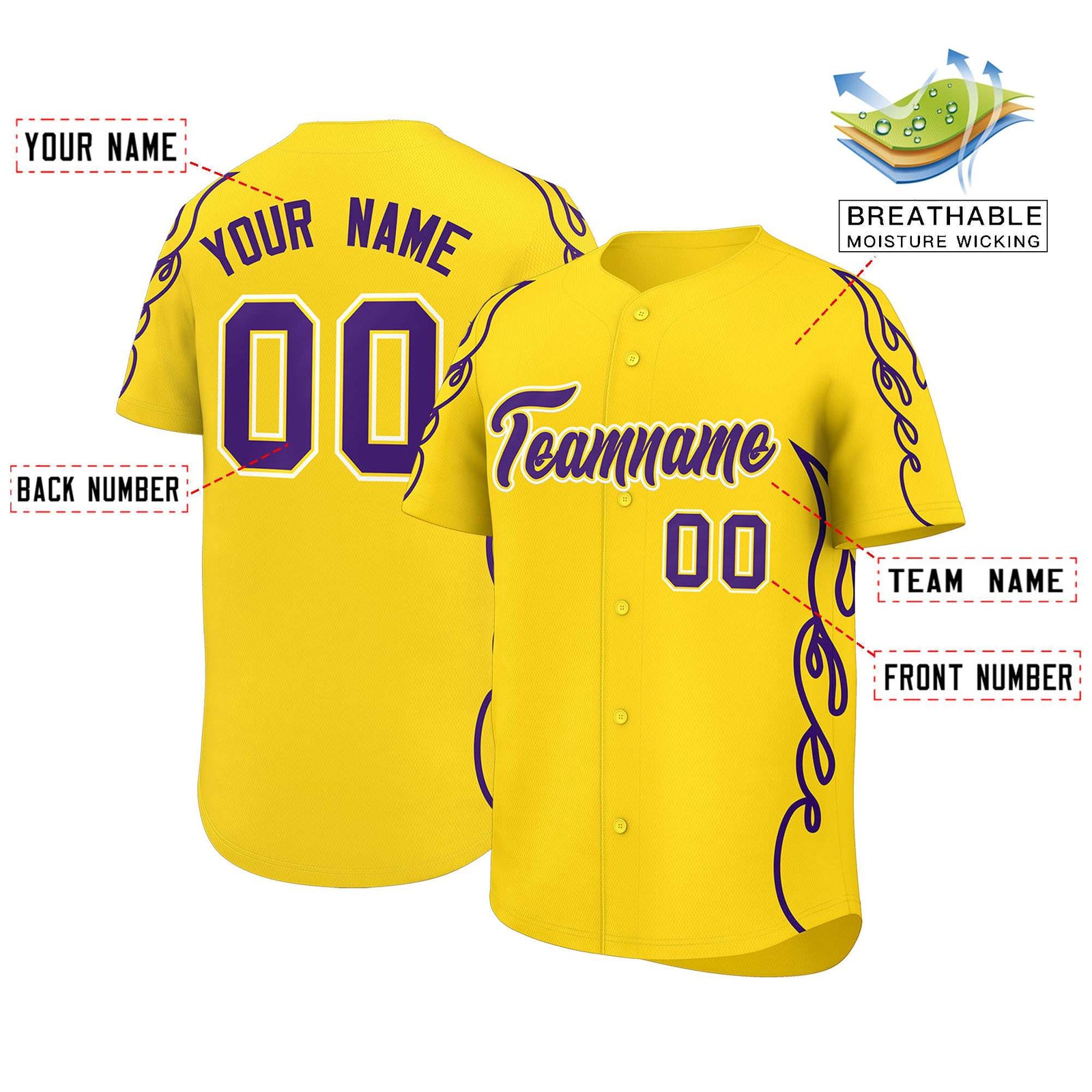 Custom Gold Purple Side Flame Outline Pattern Sports Uniform Basetball Jersey