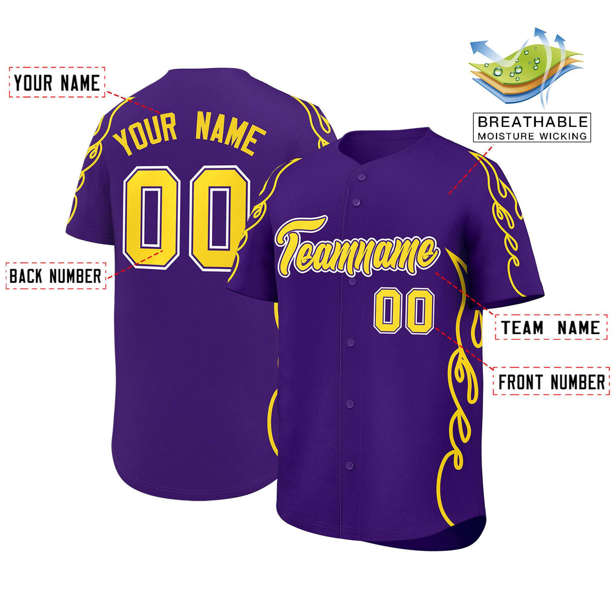 Custom Purple Gold Side Flame Outline Pattern Sports Uniform Basetball Jersey