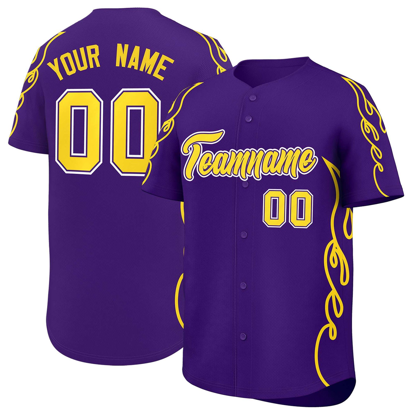 Custom Purple Gold Side Flame Outline Pattern Sports Uniform Basetball Jersey