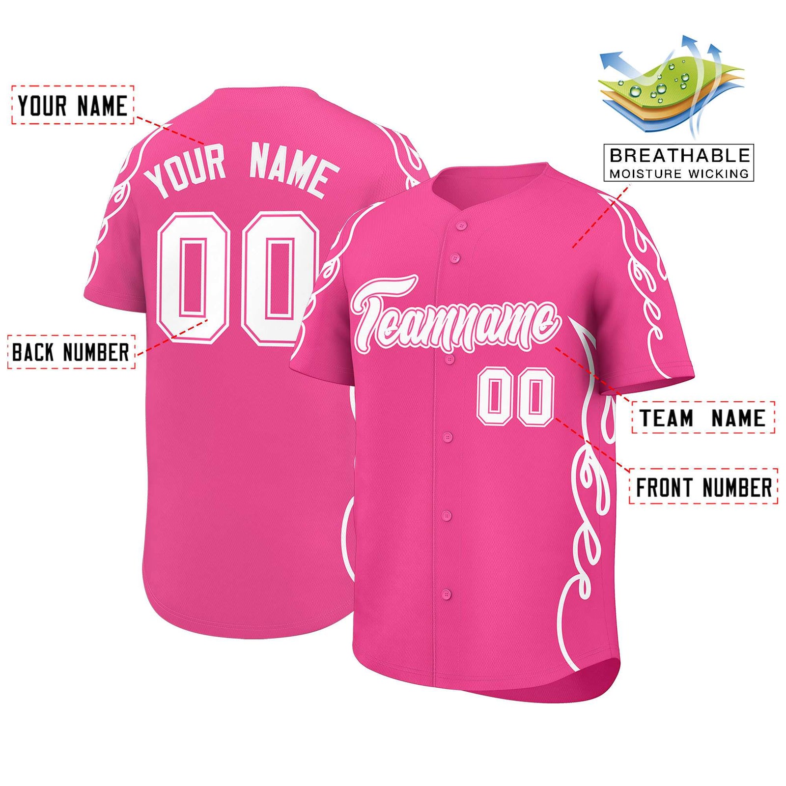 Custom Pink White Side Flame Outline Pattern Sports Uniform Basetball Jersey
