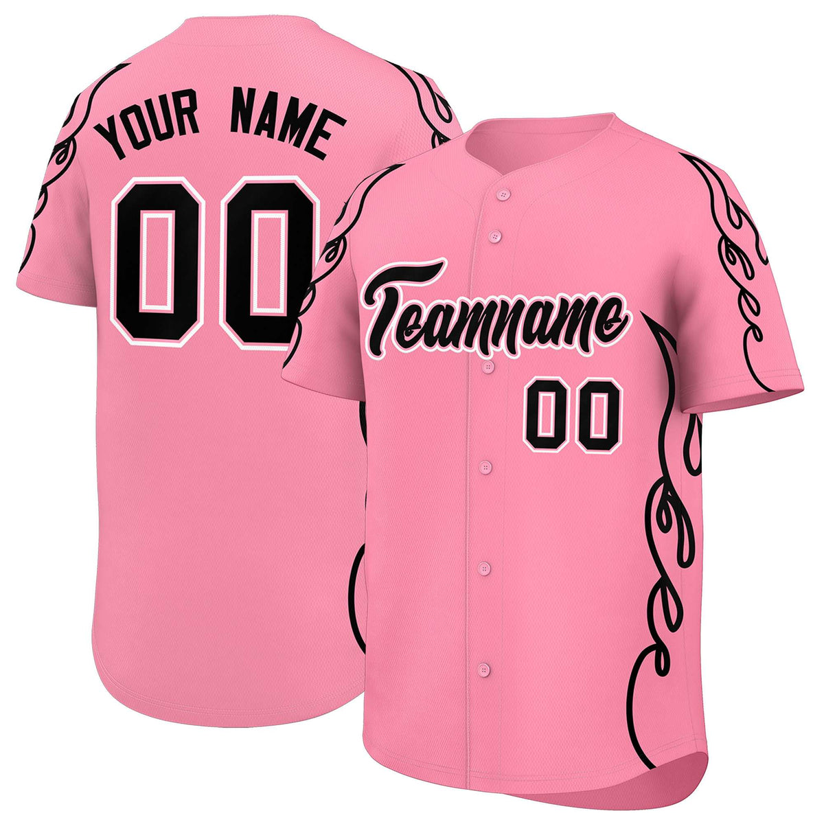 Custom Light Pink Black Side Flame Outline Pattern Sports Uniform Basetball Jersey