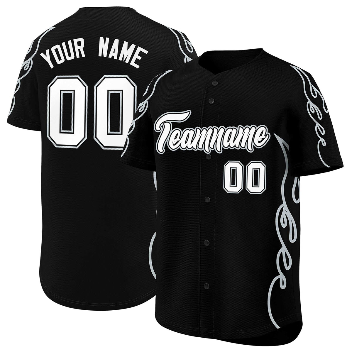 Custom Black Silver Side Flame Outline Pattern Sports Uniform Basetball Jersey