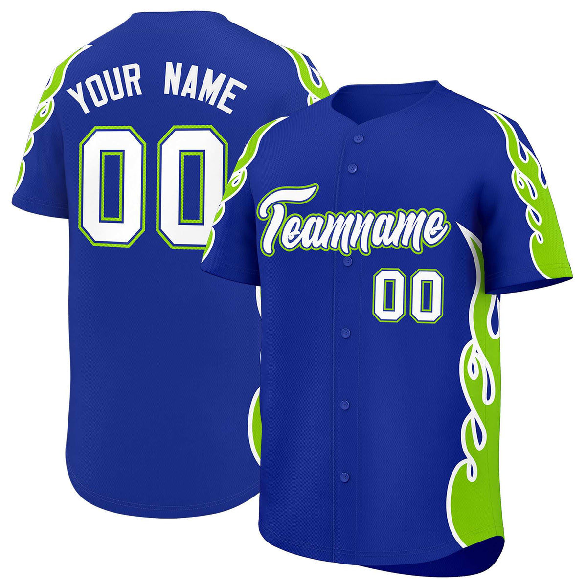 Custom Royal Neon Green Side Flame Outline Pattern Sports Uniform Basetball Jersey