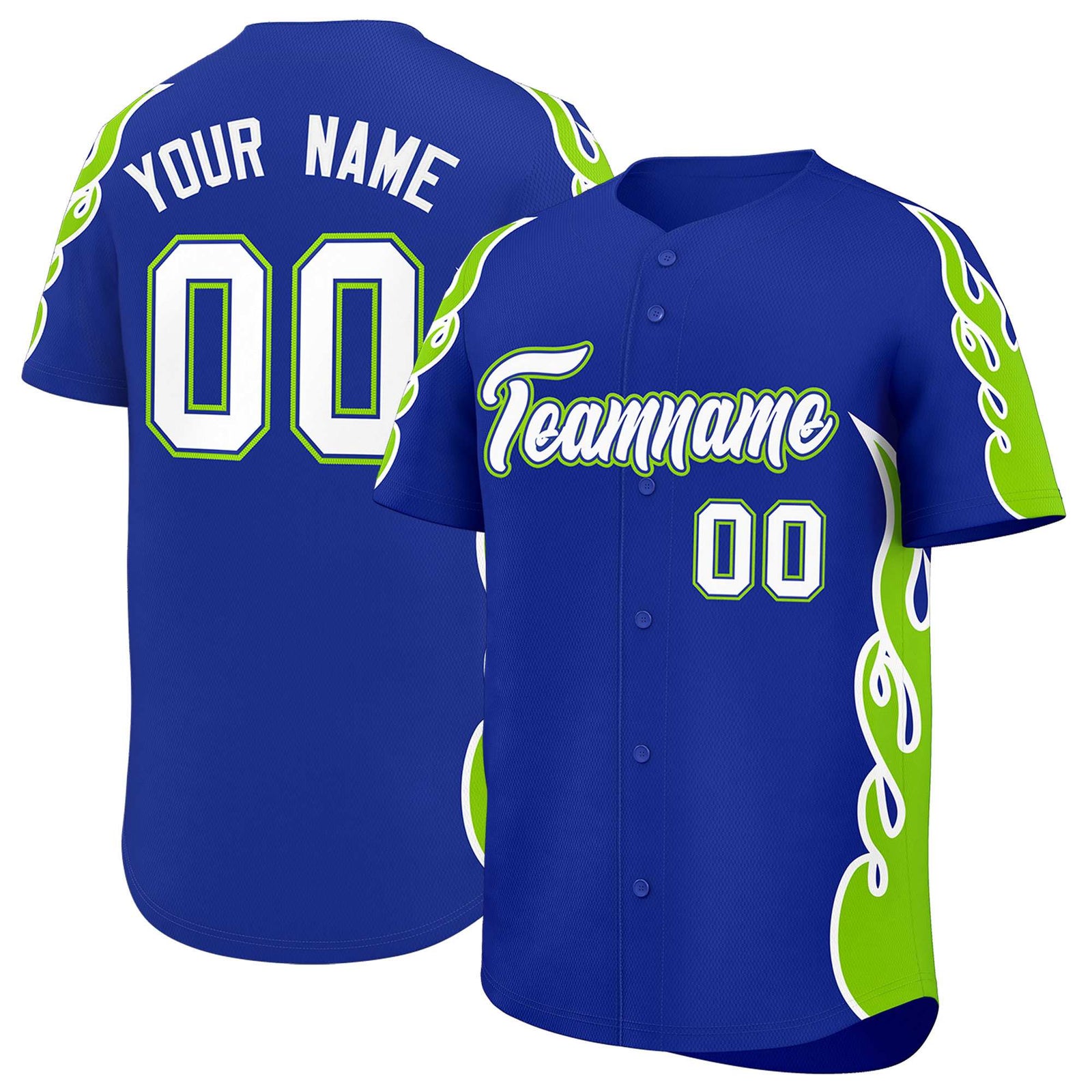 Custom Royal Neon Green Side Flame Outline Pattern Sports Uniform Basetball Jersey