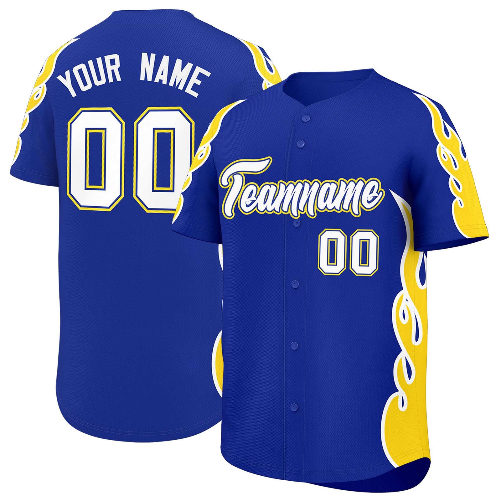 Custom Royal Gold Side Flame Outline Pattern Sports Uniform Basetball Jersey