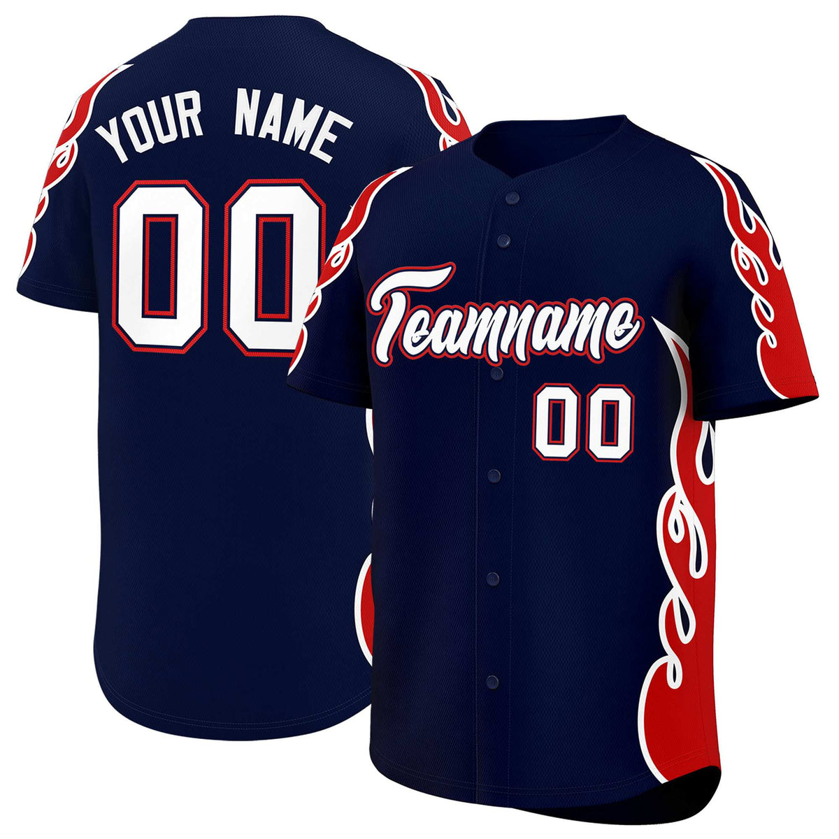 Custom Navy Red Side Flame Outline Pattern Sports Uniform Basetball Jersey