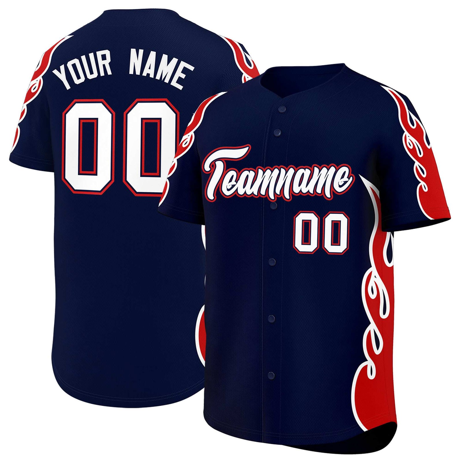 Custom Navy Red Side Flame Outline Pattern Sports Uniform Basetball Jersey
