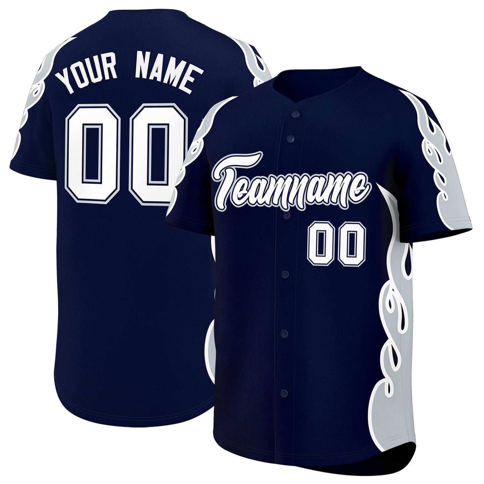 Custom Navy Silver Side Flame Outline Pattern Sports Uniform Basetball Jersey