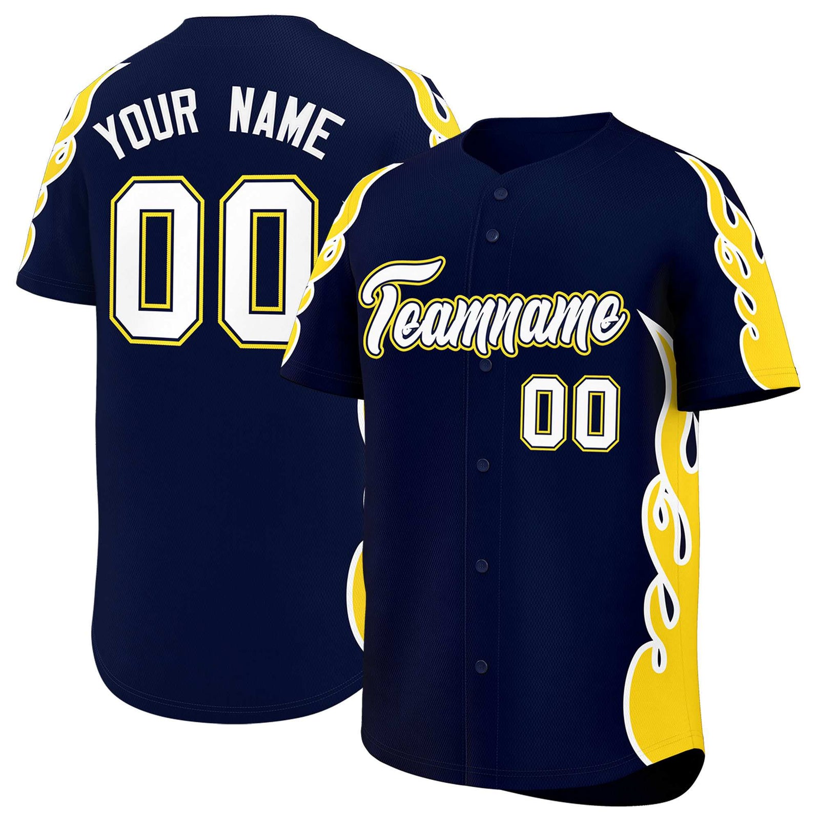 Custom Navy Gold Side Flame Outline Pattern Sports Uniform Basetball Jersey