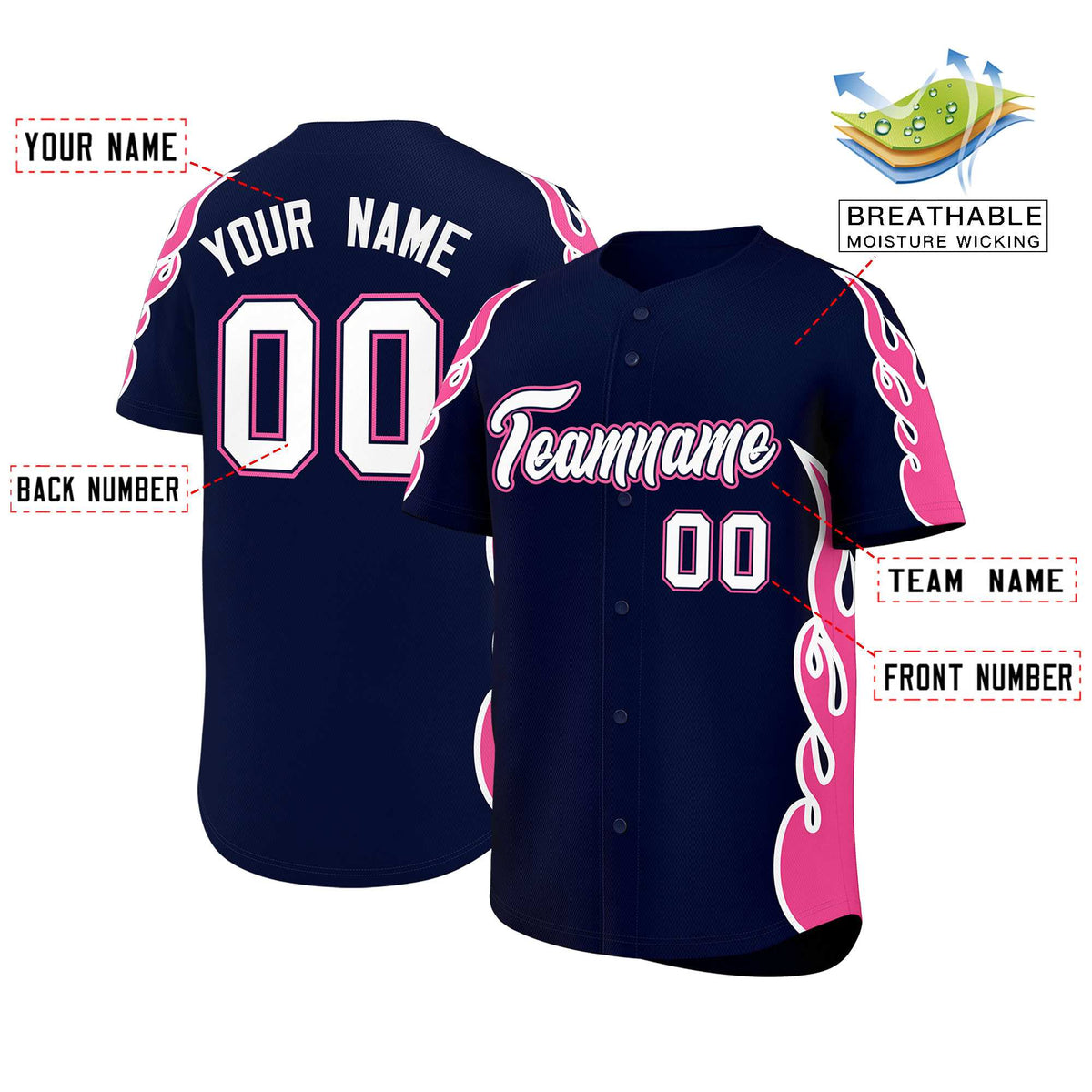 Custom Navy Pink Side Flame Outline Pattern Sports Uniform Basetball Jersey
