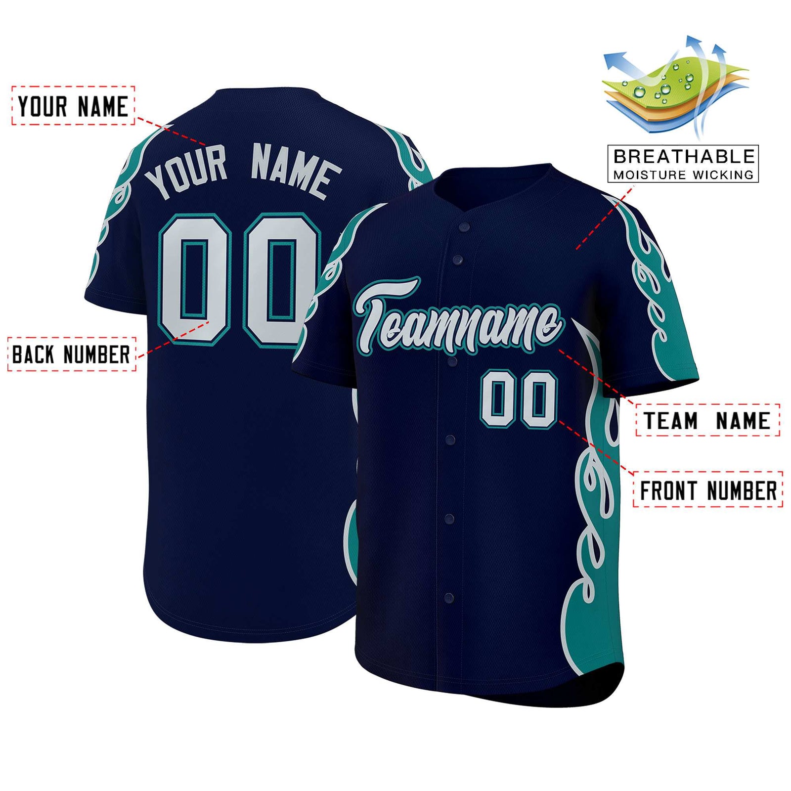 Custom Navy Teal Side Flame Outline Pattern Sports Uniform Basetball Jersey