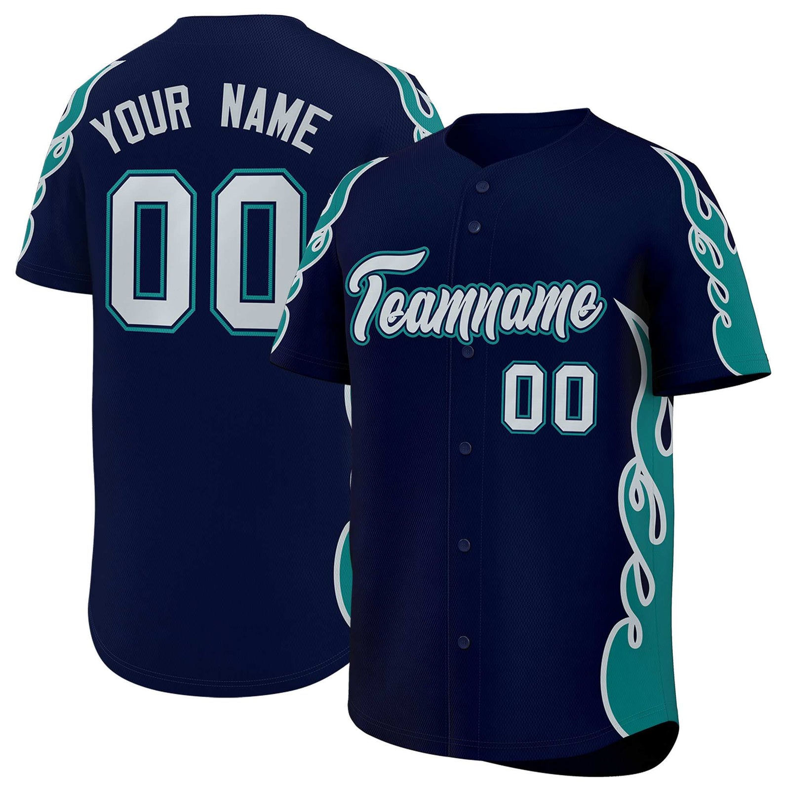 Custom Navy Teal Side Flame Outline Pattern Sports Uniform Basetball Jersey