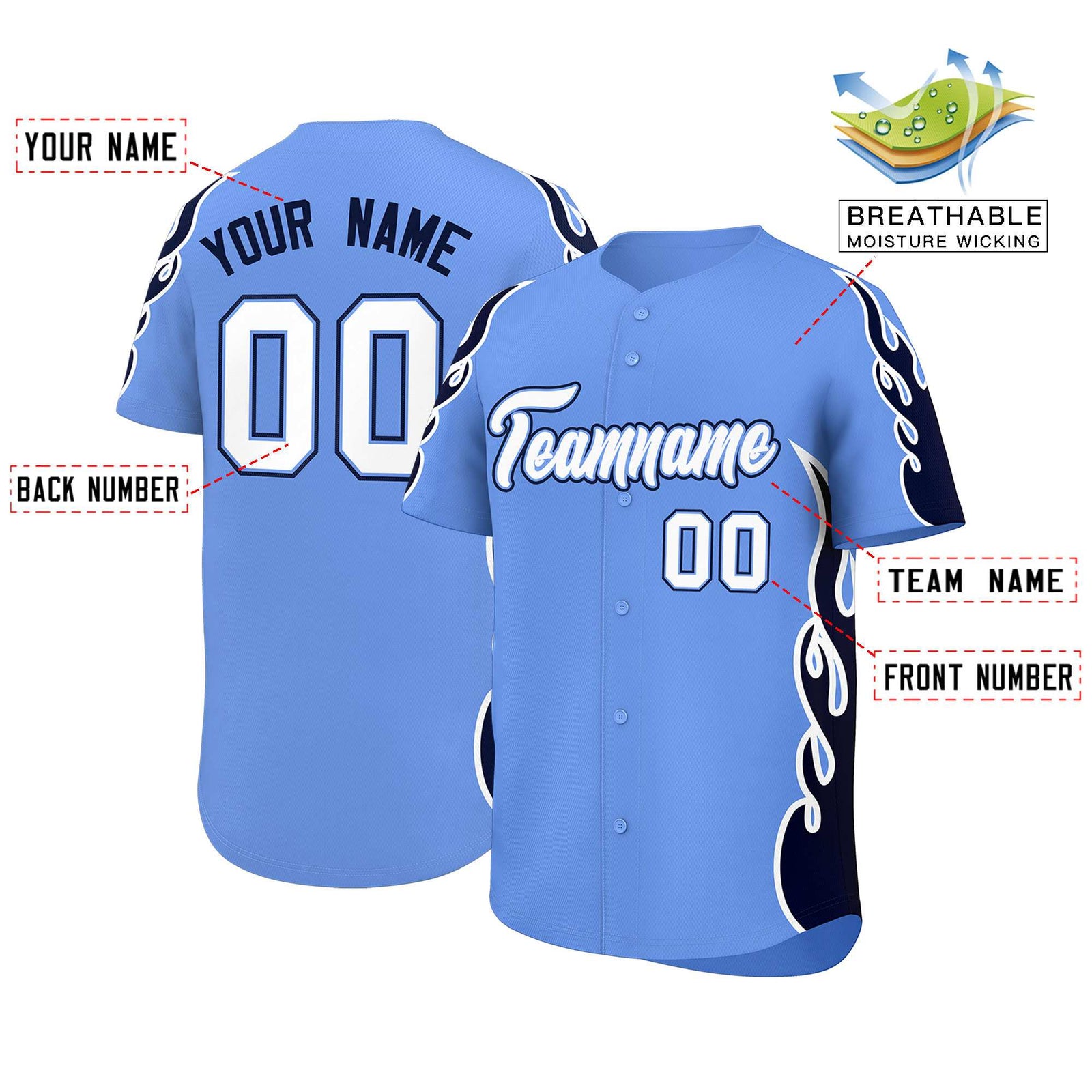 Custom Light Blue Navy Side Flame Outline Pattern Sports Uniform Basetball Jersey