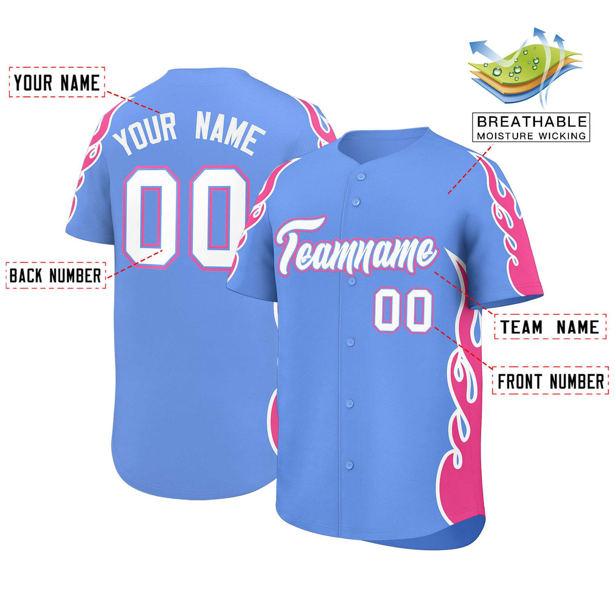 Custom Light Blue Pink Side Flame Outline Pattern Sports Uniform Basetball Jersey