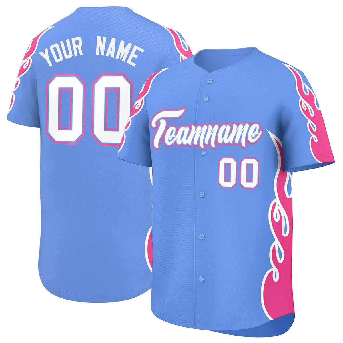 Custom Light Blue Pink Side Flame Outline Pattern Sports Uniform Basetball Jersey