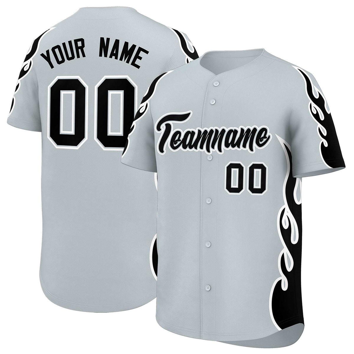 Custom Silver Black Side Flame Outline Pattern Sports Uniform Basetball Jersey