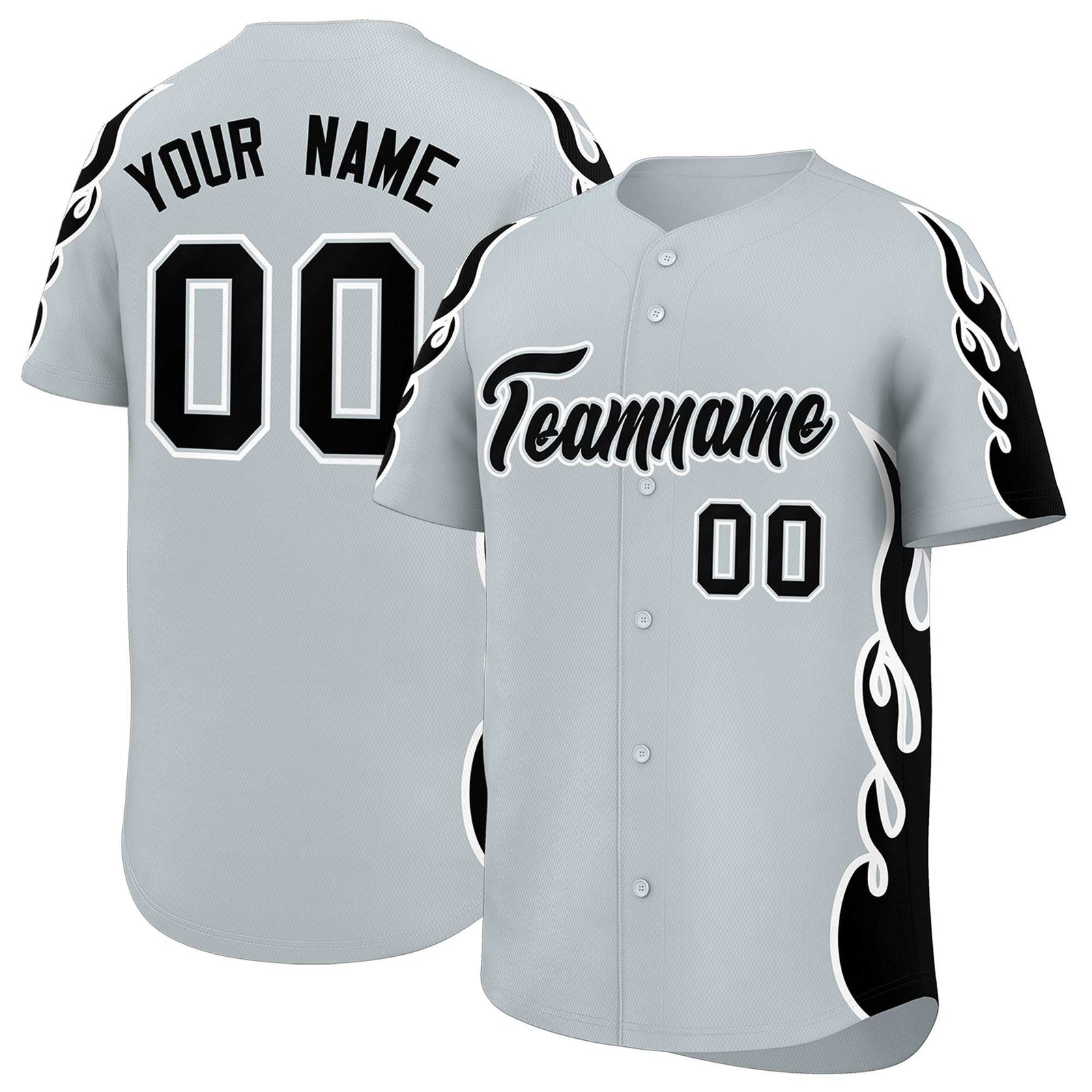 Custom Silver Black Side Flame Outline Pattern Sports Uniform Basetball Jersey
