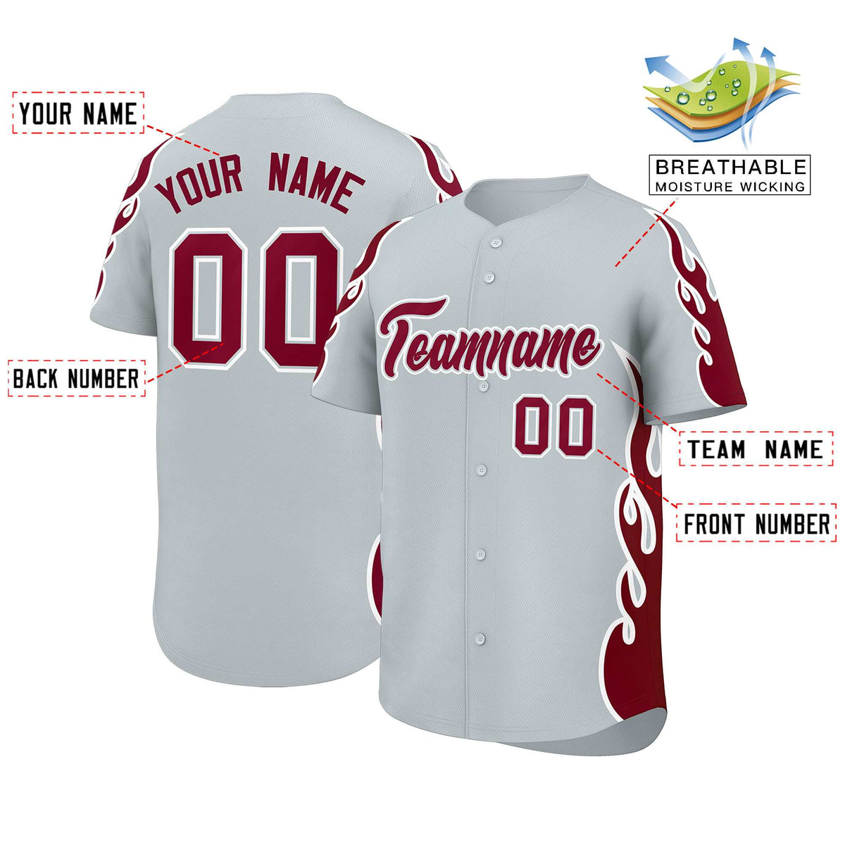 Custom Silver Crimson Side Flame Outline Pattern Sports Uniform Basetball Jersey