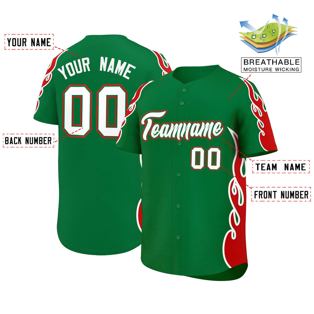 Custom Kelly Green Red Side Flame Outline Pattern Sports Uniform Basetball Jersey