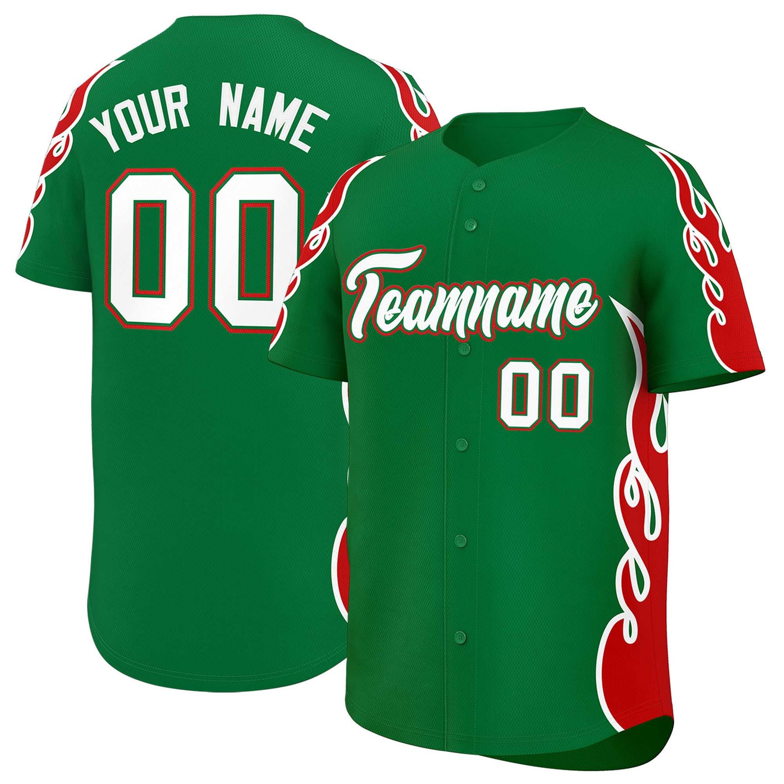 Custom Kelly Green Red Side Flame Outline Pattern Sports Uniform Basetball Jersey