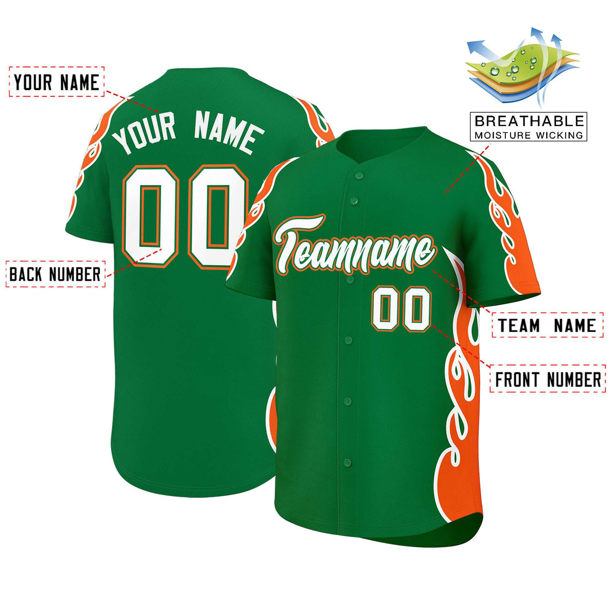 Custom Kelly Green Orange Side Flame Outline Pattern Sports Uniform Basetball Jersey