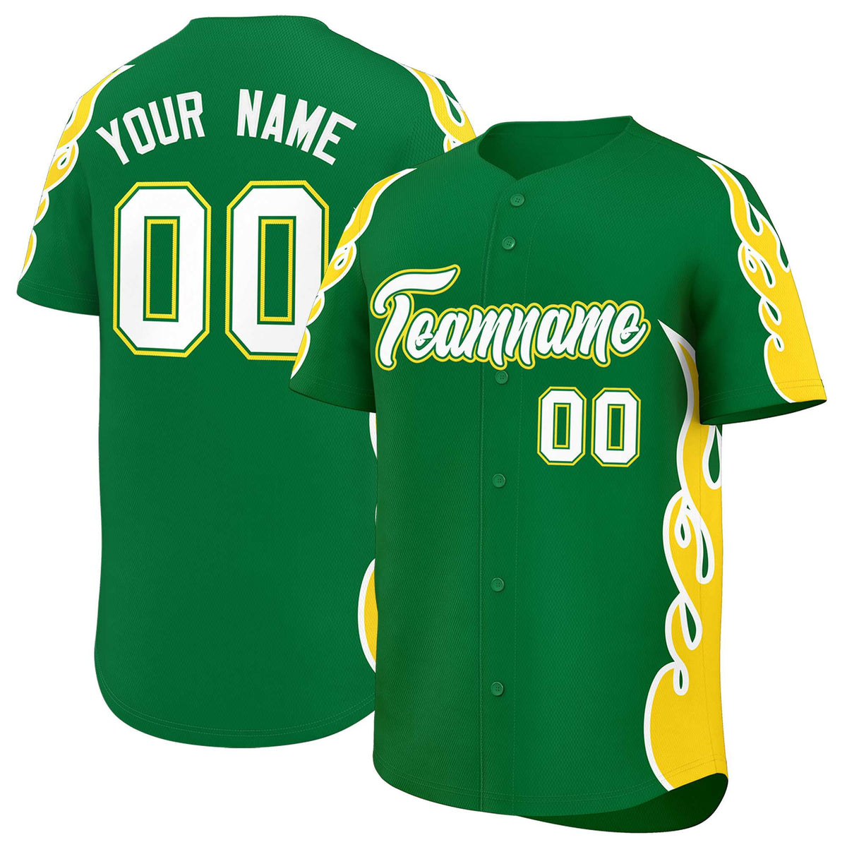 Custom Kelly Green Gold Side Flame Outline Pattern Sports Uniform Basetball Jersey