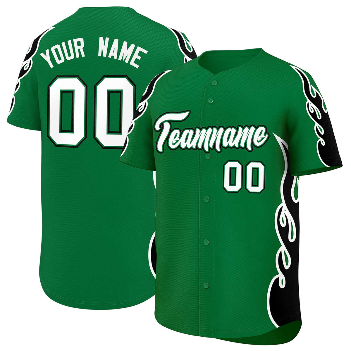 Custom Kelly Green Black Side Flame Outline Pattern Sports Uniform Basetball Jersey