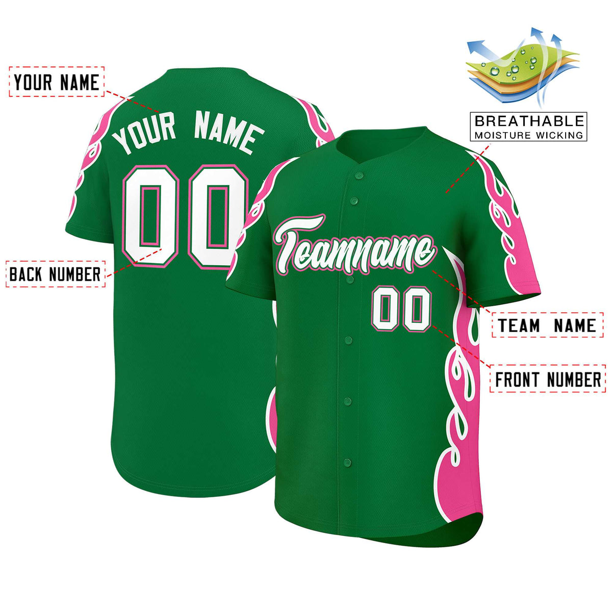 Custom Kelly Green Pink Side Flame Outline Pattern Sports Uniform Basetball Jersey