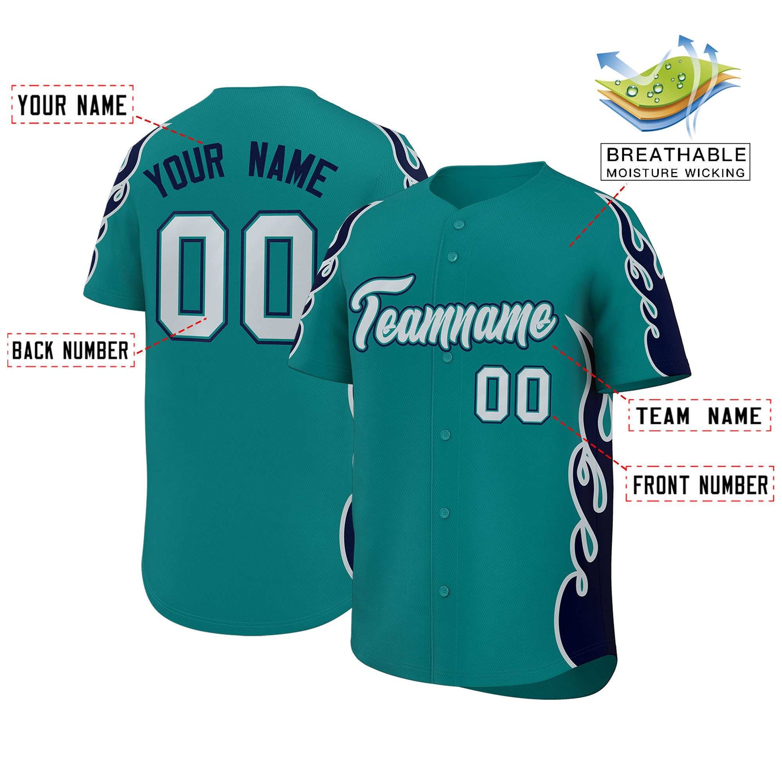 Custom Teal Navy Side Flame Outline Pattern Sports Uniform Basetball Jersey