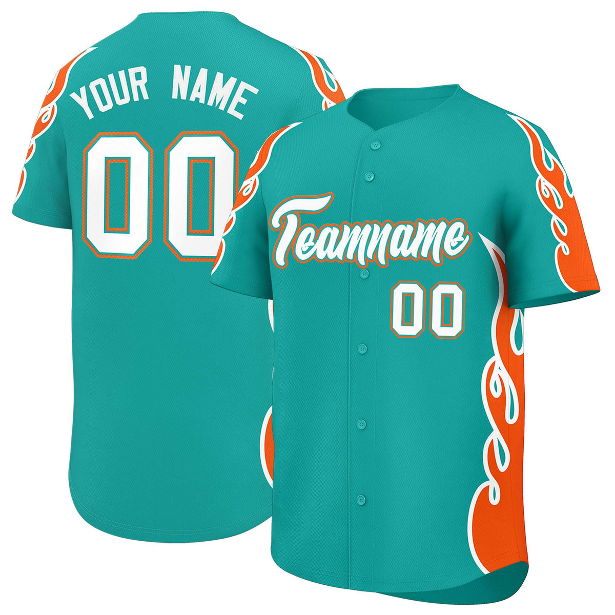 Custom Aqua Orange Side Flame Outline Pattern Sports Uniform Basetball Jersey