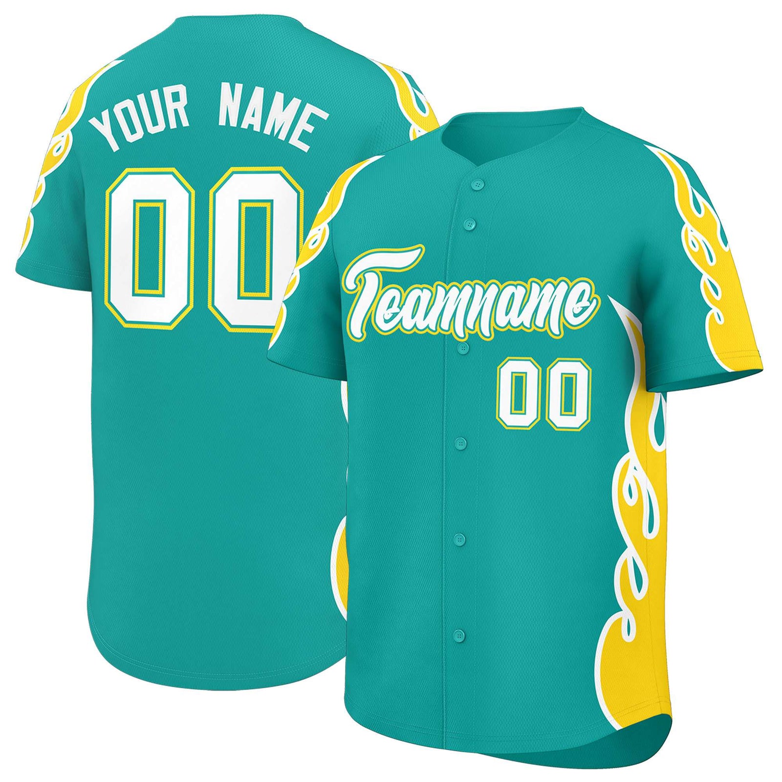 Custom Aqua Gold Side Flame Outline Pattern Sports Uniform Basetball Jersey