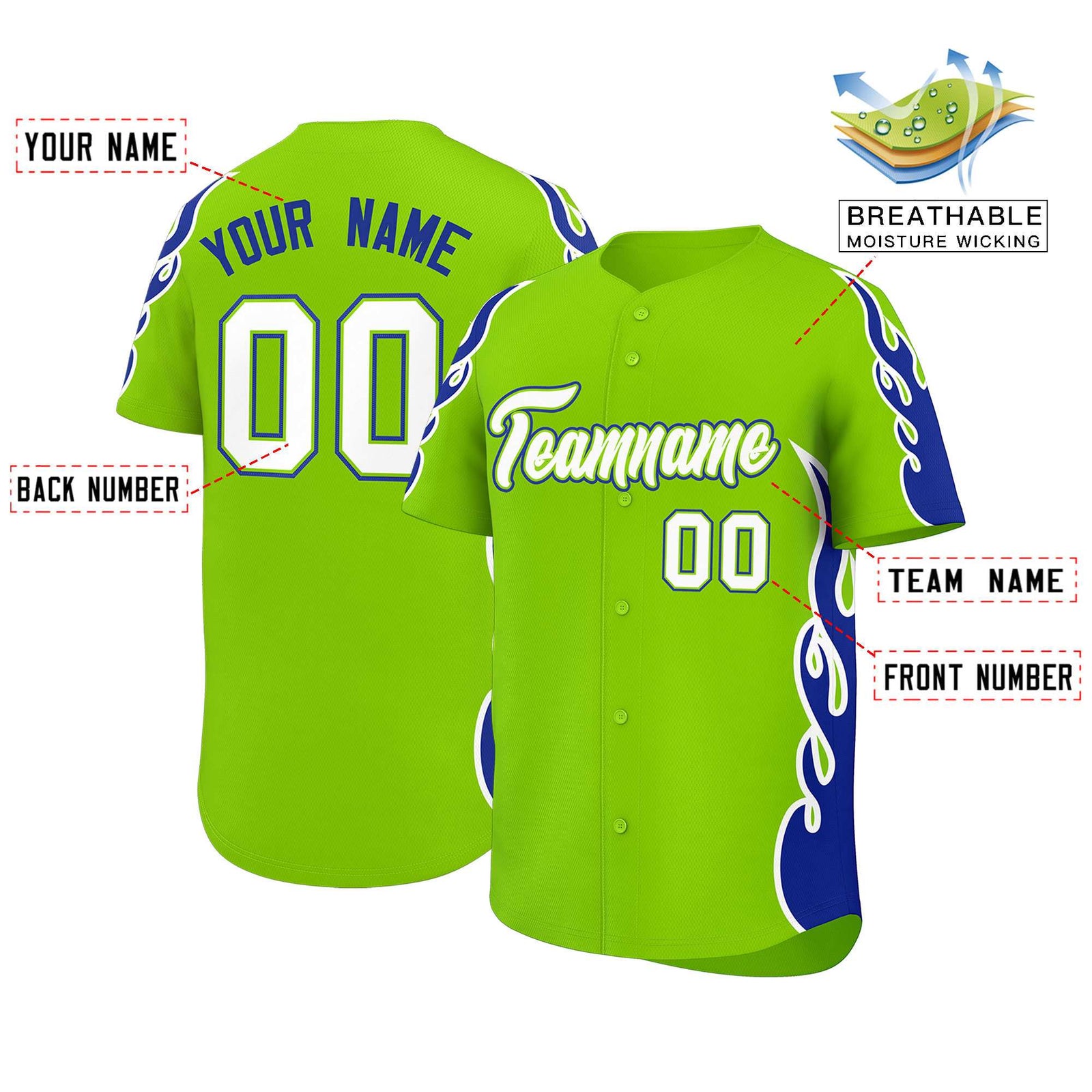 Custom Neon Green Royal Side Flame Outline Pattern Sports Uniform Basetball Jersey