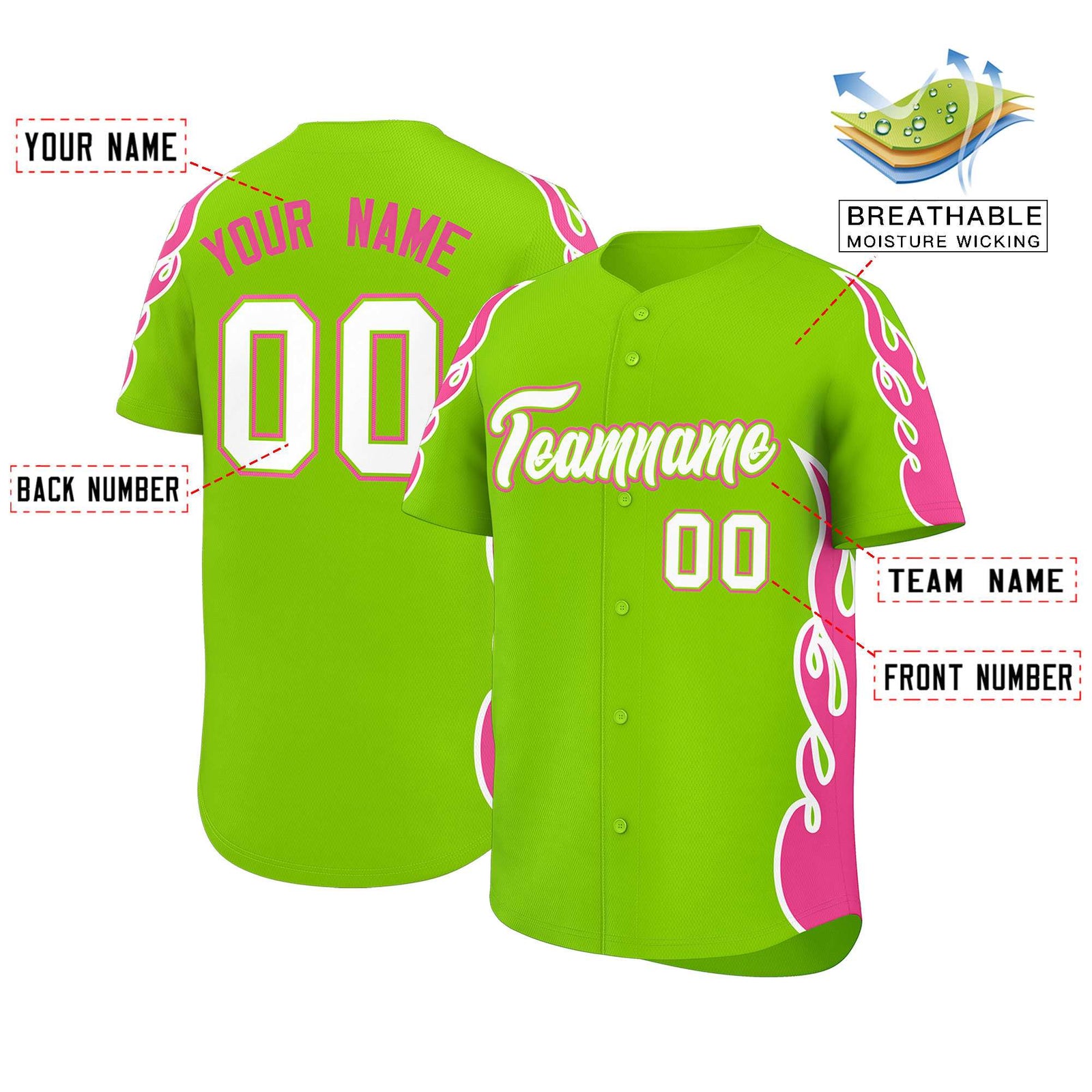 Custom Neon Green Pink Side Flame Outline Pattern Sports Uniform Basetball Jersey