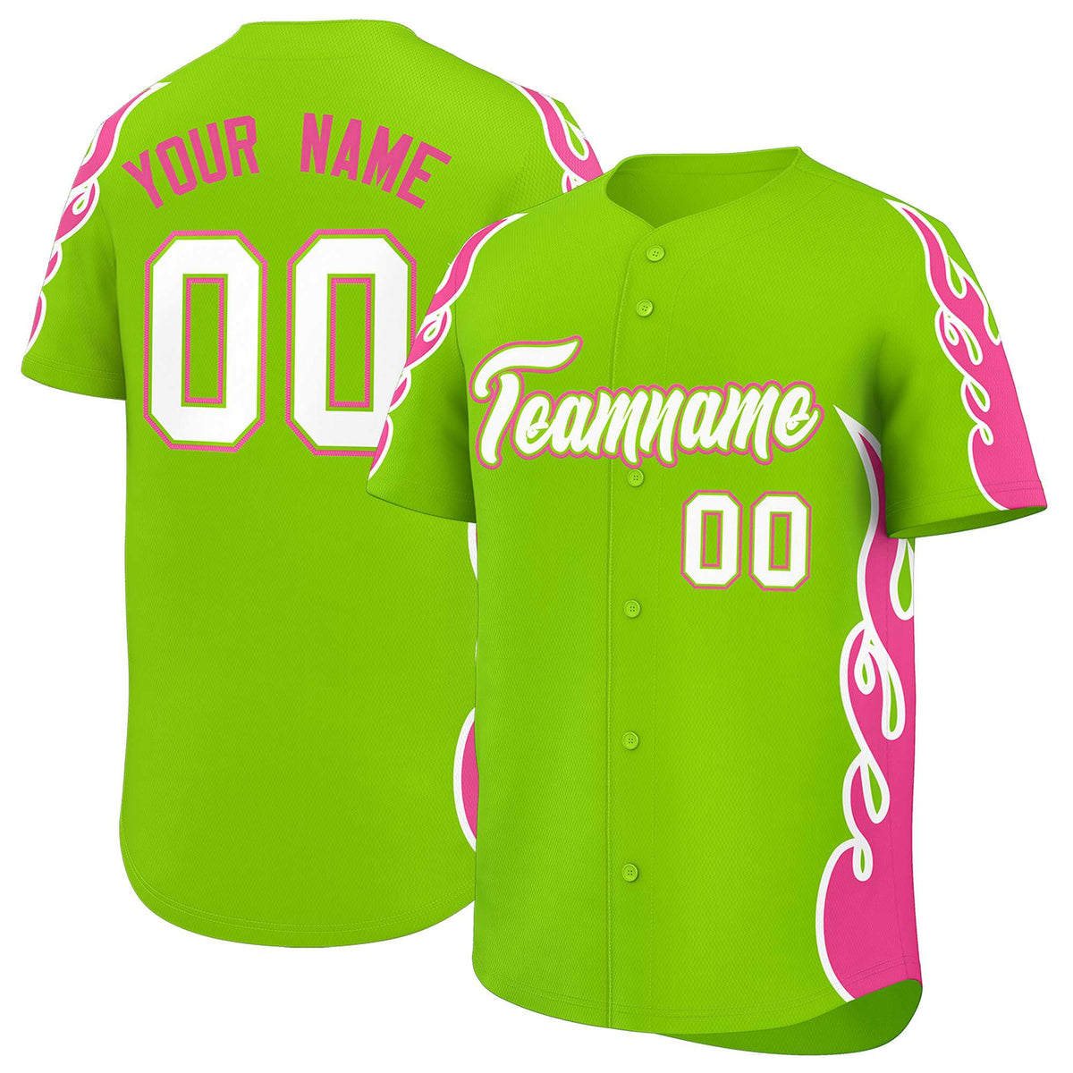 Custom Neon Green Pink Side Flame Outline Pattern Sports Uniform Basetball Jersey