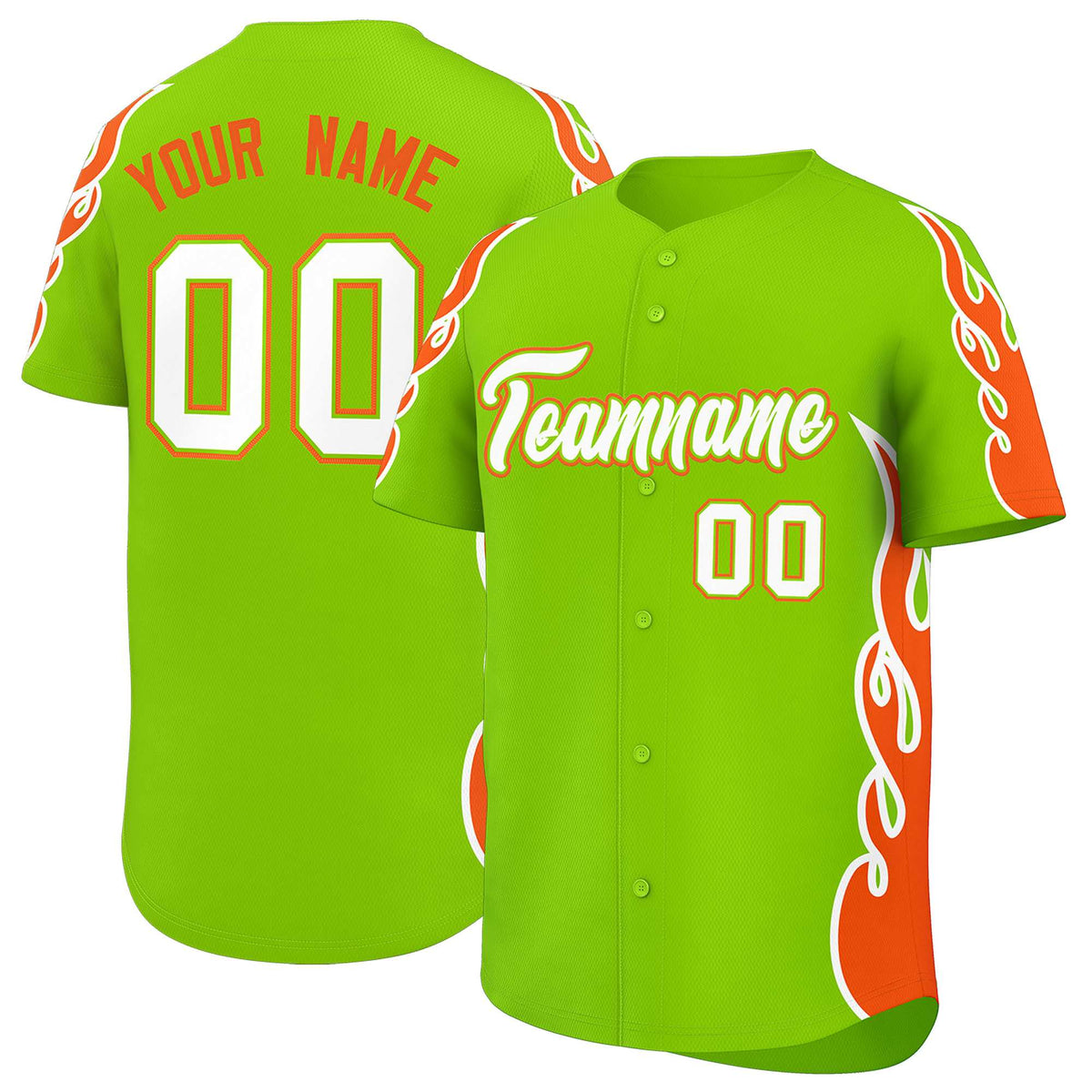 Custom Neon Green Orange Side Flame Outline Pattern Sports Uniform Basetball Jersey