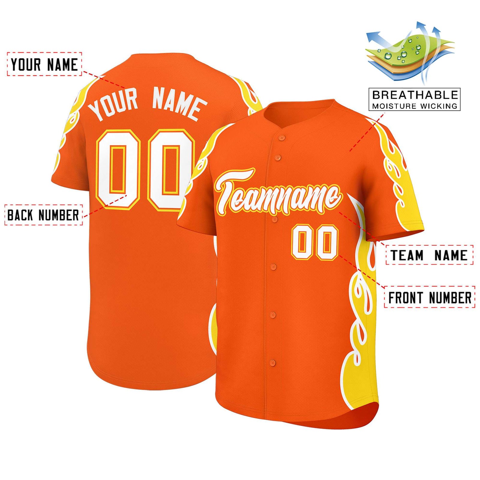 Custom Orange Gold Side Flame Outline Pattern Sports Uniform Basetball Jersey