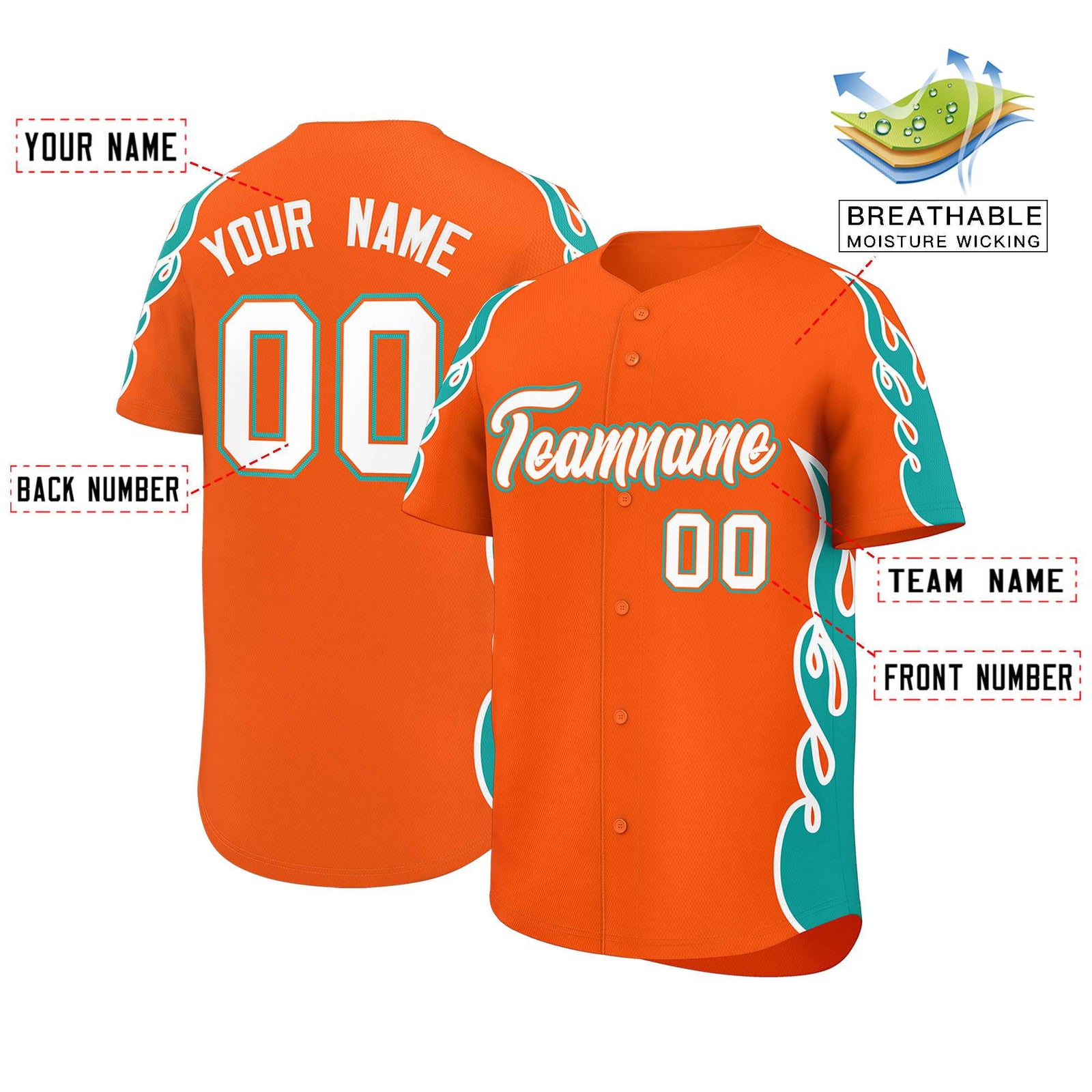 Custom Orange Aqua Side Flame Outline Pattern Sports Uniform Basetball Jersey