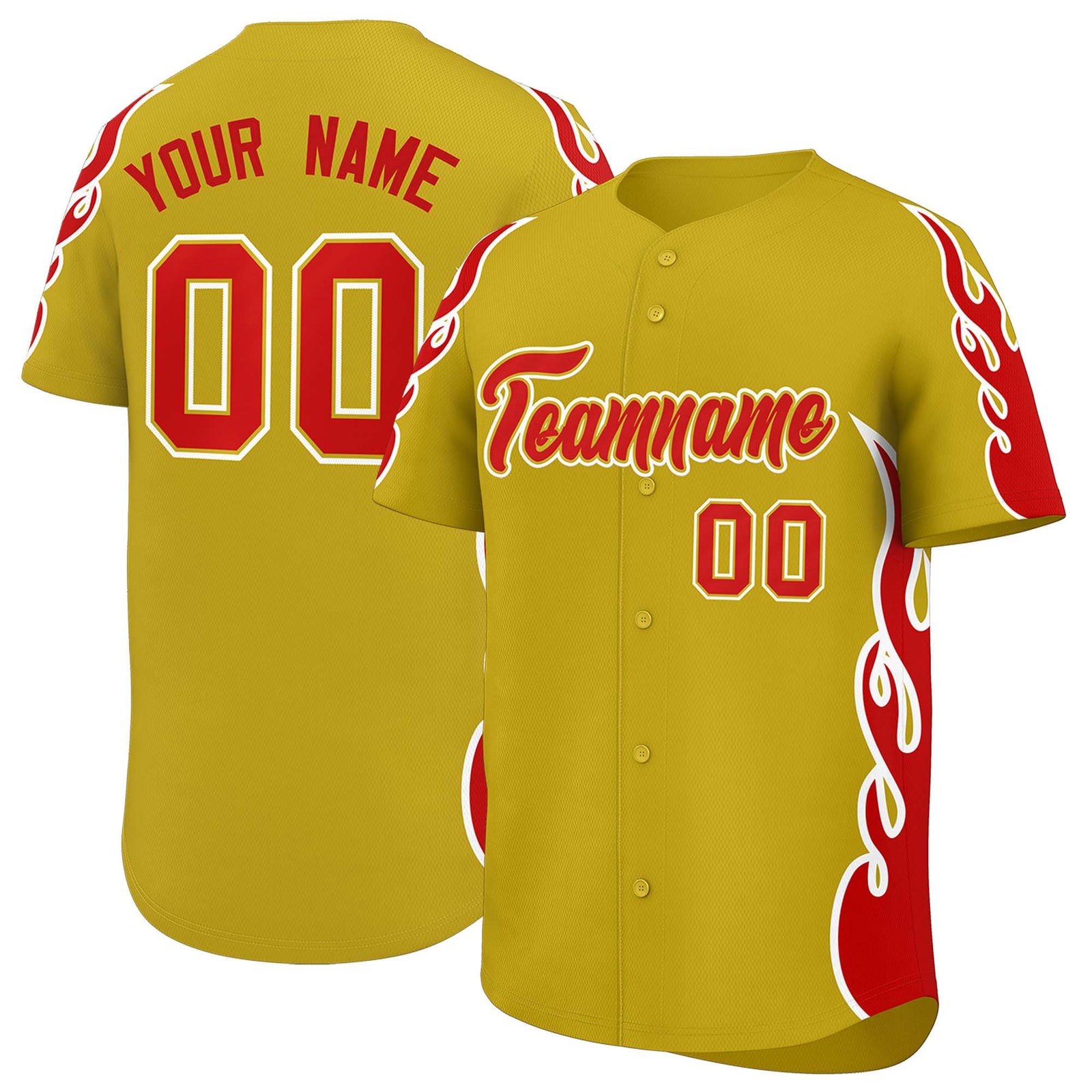 Custom Old Gold Red Side Flame Outline Pattern Sports Uniform Basetball Jersey