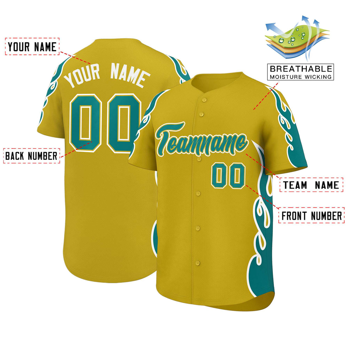 Custom Old Gold Teal Side Flame Outline Pattern Sports Uniform Basetball Jersey