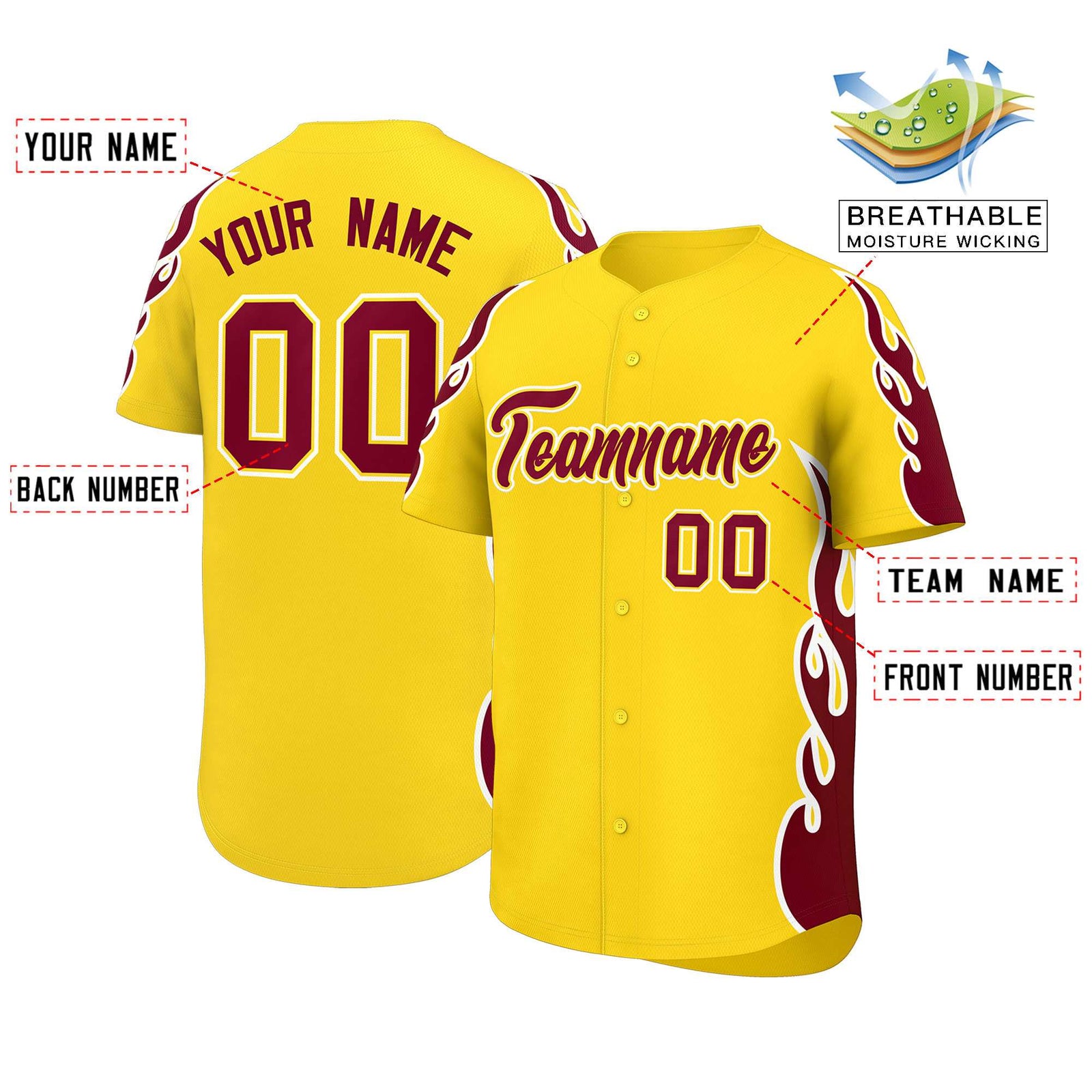 Custom Gold Crimson Side Flame Outline Pattern Sports Uniform Basetball Jersey