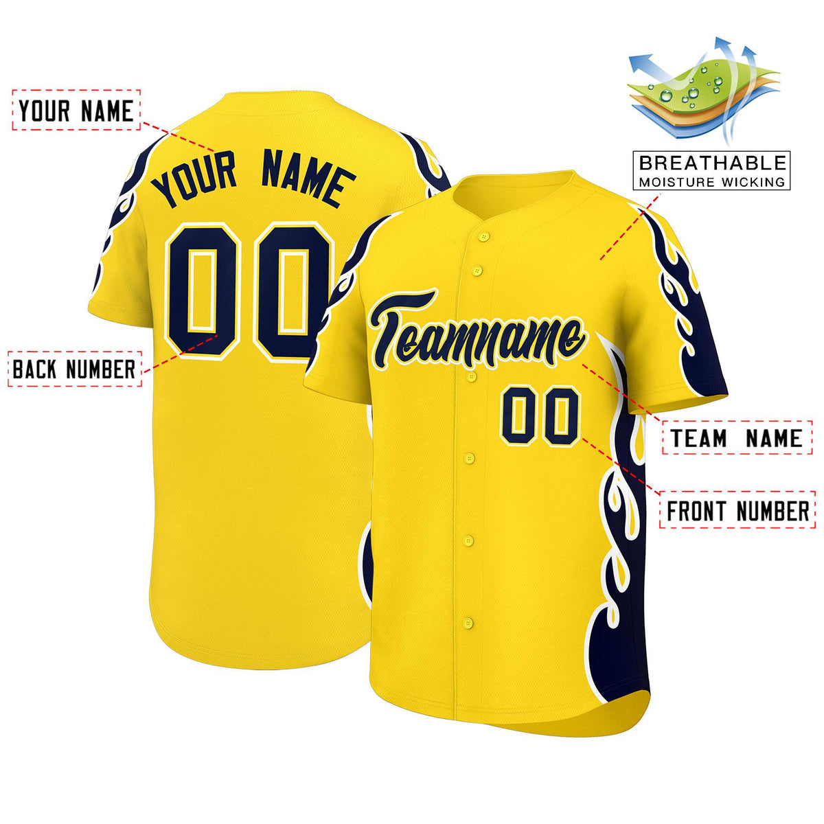 Custom Gold Navy Side Flame Outline Pattern Sports Uniform Basetball Jersey