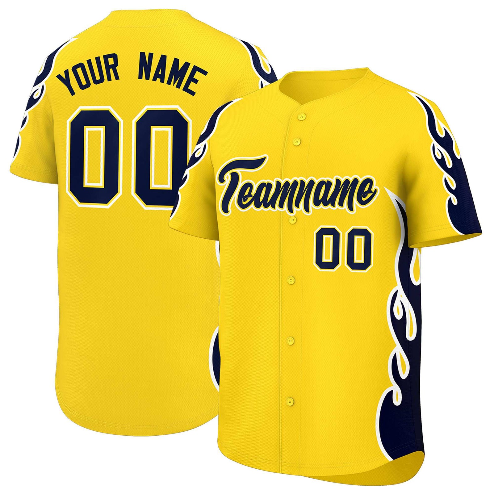 Custom Gold Navy Side Flame Outline Pattern Sports Uniform Basetball Jersey