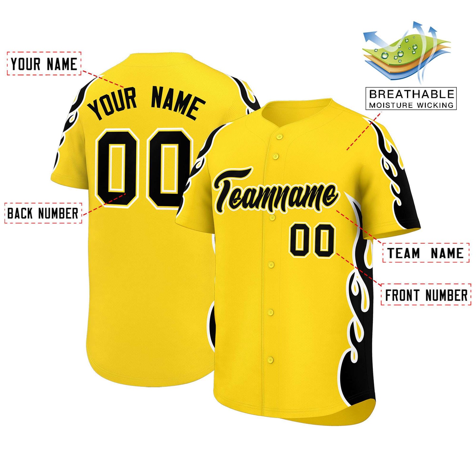 Custom Gold Black Side Flame Outline Pattern Sports Uniform Basetball Jersey