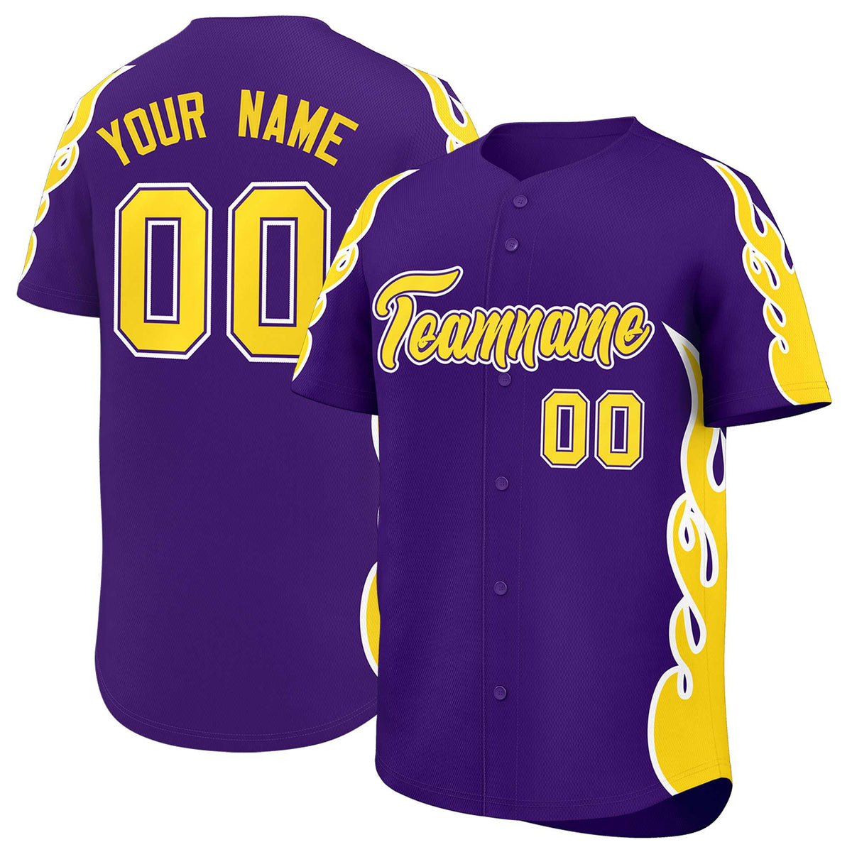 Custom Purple Gold Side Flame Outline Pattern Sports Uniform Basetball Jersey