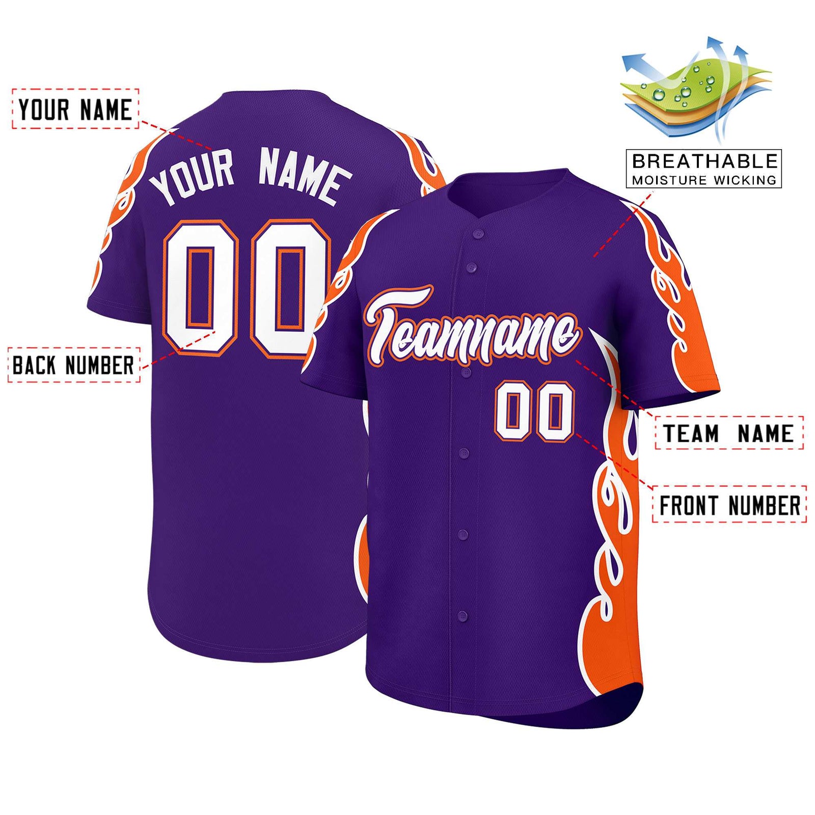 Custom Purple Orange Side Flame Outline Pattern Sports Uniform Basetball Jersey
