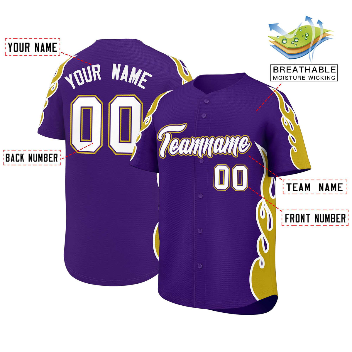 Custom Purple Old Gold Side Flame Outline Pattern Sports Uniform Basetball Jersey