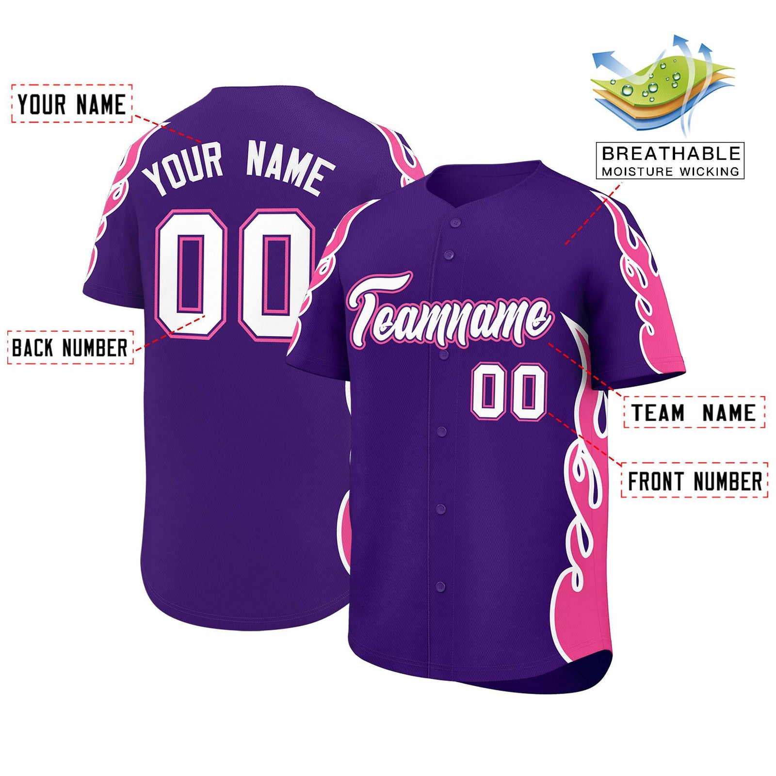 Custom Purple Pink Side Flame Outline Pattern Sports Uniform Basetball Jersey