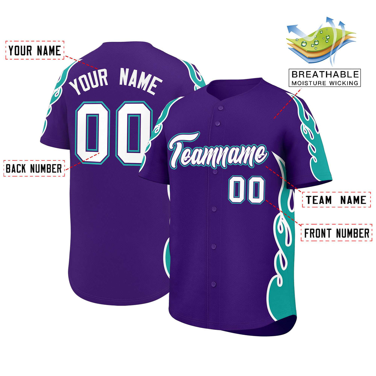 Custom Purple Aqua Side Flame Outline Pattern Sports Uniform Basetball Jersey